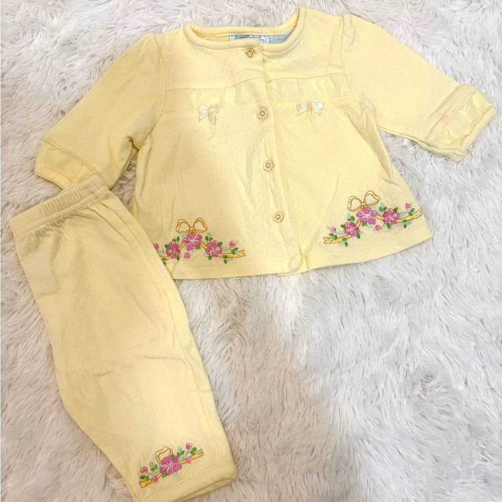 Vintage Baby Grand Floral Embroidered Matching Set Butter Yellow Size 0-3 Months